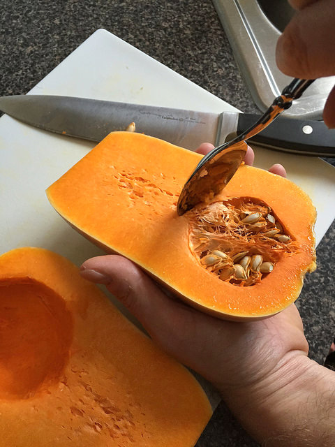 Oven-roasted butternut squash halves -- slice in half, scoop out seeds, brush with oil, place face down on baking tray, and bake 