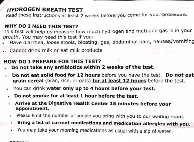 hydrogen breath test hospital instructions