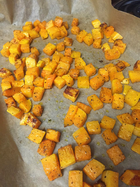 Cut and peel butternut squash, cut into cubes, add oil and herbs of choice, and roast in the oven for a delicious side dish or salad topping