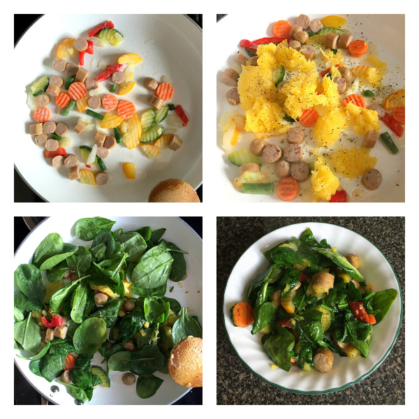 Quick paleo breakfast recipe filled with organic veggies, sausage, winter squash, and greens.