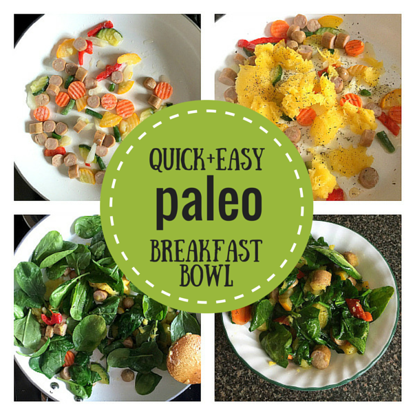 Quick Paleo Breakfast Recipe -- my favorite morning breakfast bowl filled with organic veggies, sausage, winter squash, greens, & healthy fat. Easy to make and easy to modify with different veggies, meats, herbs, and spices! #paleo #breakfast #eggfree #noeggs